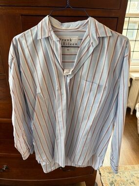 Frank & Eileen Shirley Light Blue Shirt with  maroon stripes.   XS